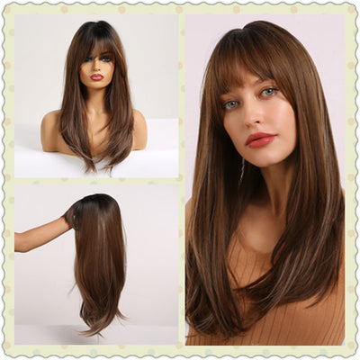 Straight Wigs With Bangs Black to Brown Ombre Synthetic Wigs