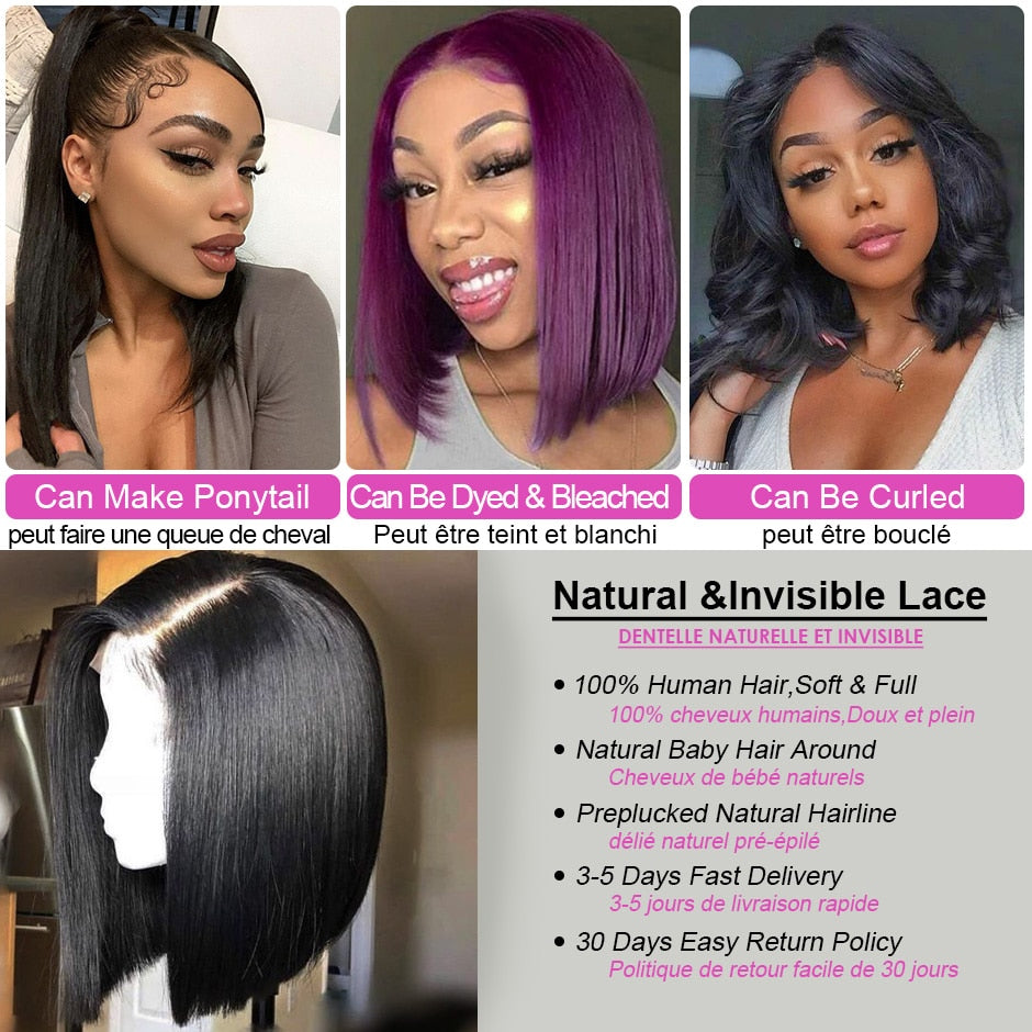 Short Bob Straight 4X4 Lace Closure Wigs PrePlucked Baby Hair
