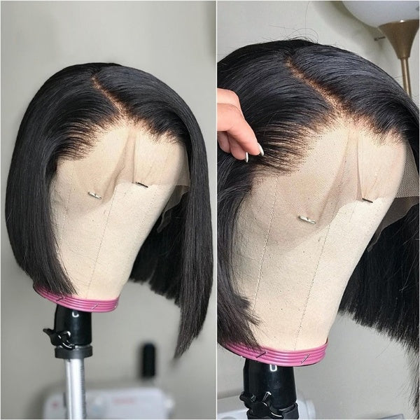 Short Bob Straight 4X4 Lace Closure Wigs PrePlucked Baby Hair