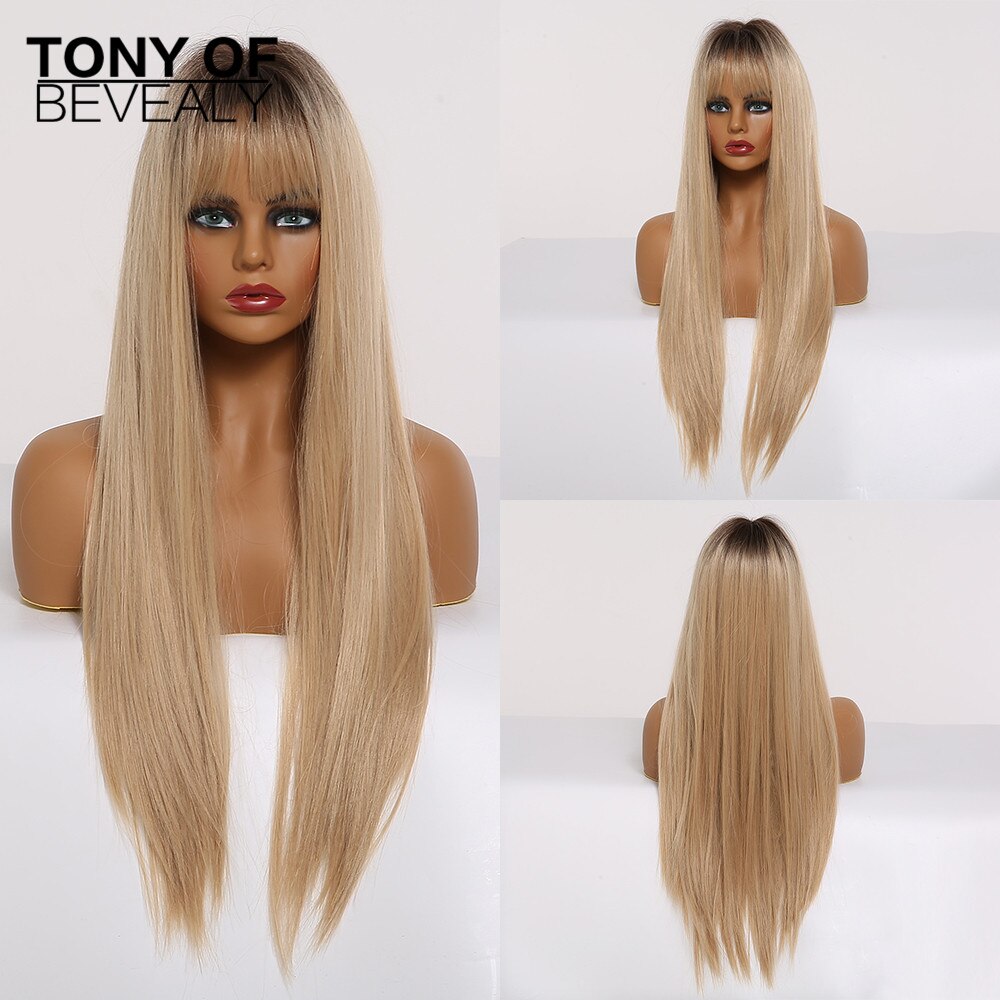 Straight Brown Ombre Natural Hair Wigs -Heat Resistant
