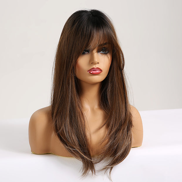 Straight Wigs With Bangs Black to Brown Ombre Synthetic Wigs