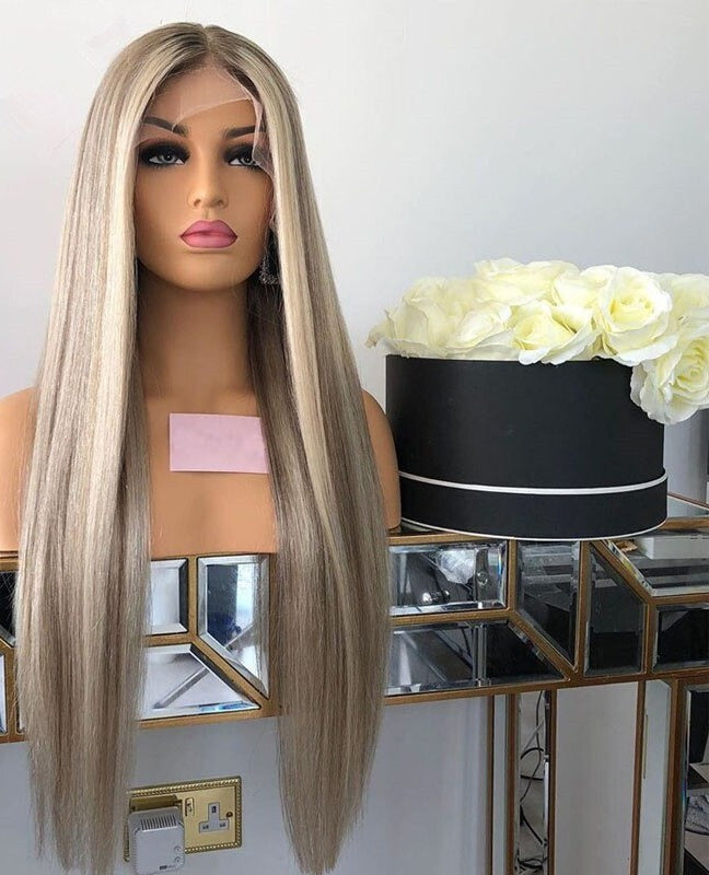 Silky Straight Lace Front Wig Grey Blonde  Human Hair Wig