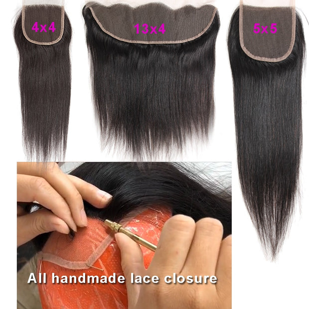 Human Hair Straight 3/ 4 Bundles With Lace Closure Frontal