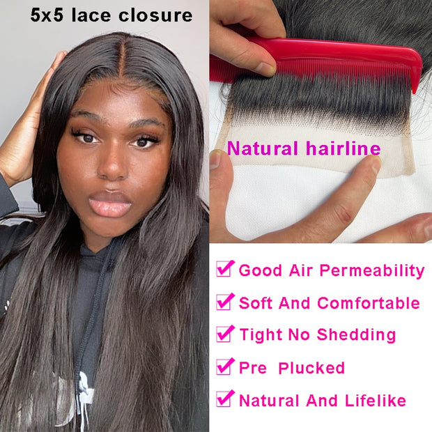Human Hair Straight 3/ 4 Bundles With Lace Closure Frontal