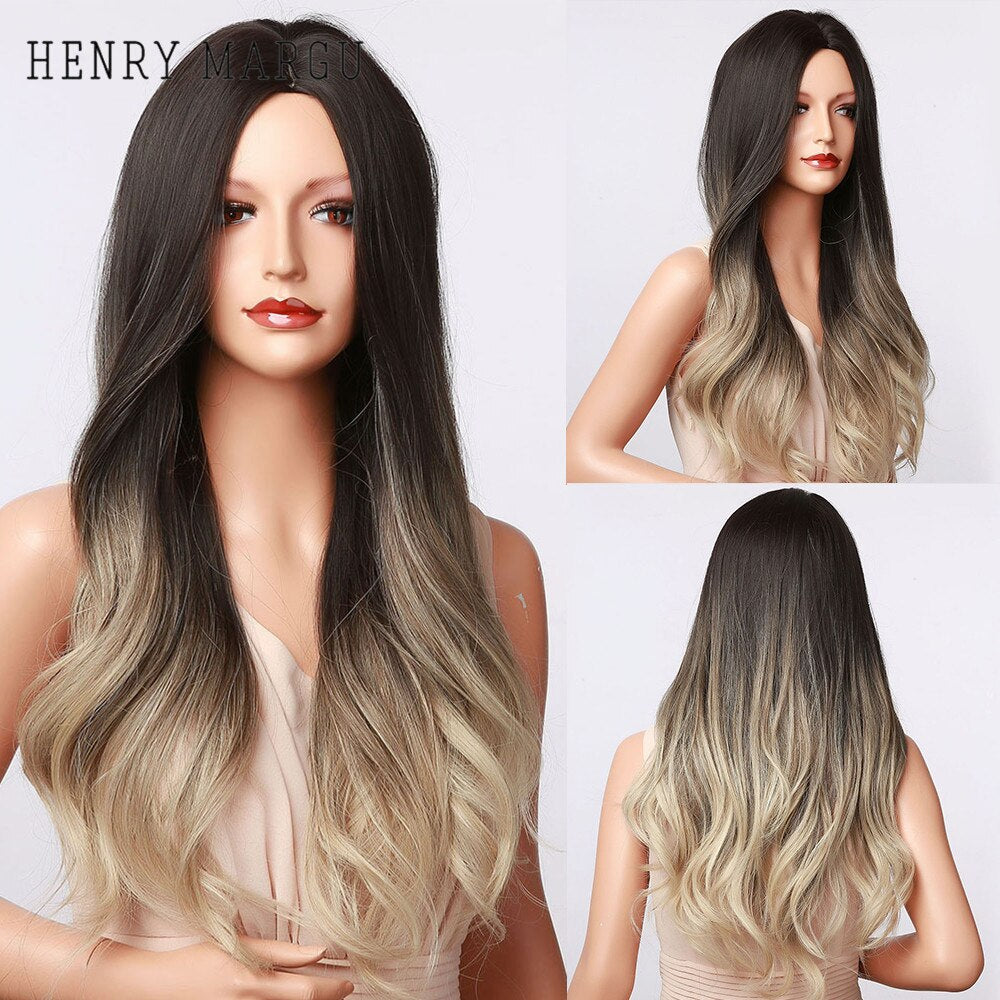 Ombre Brown Blonde Wig Long Wavy Middle Part