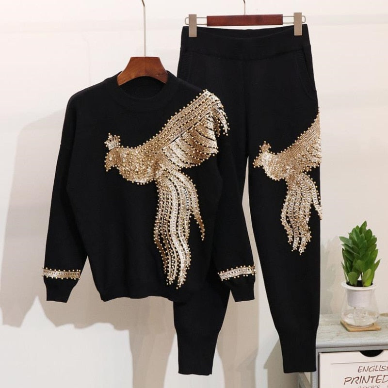 Long Sleeve Beading Baggy Pants Rock Style