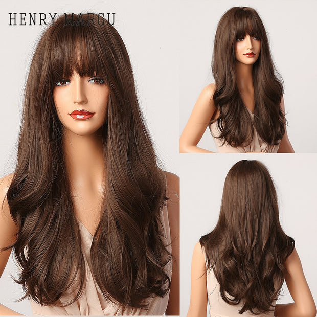 Long Wavy Dark Brown Synthetic Wigs With Bangs