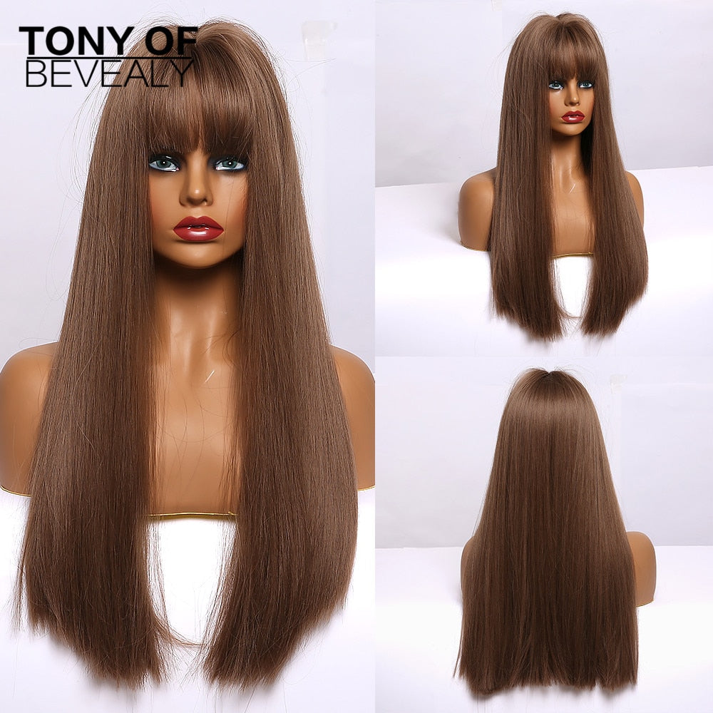 Straight Brown Ombre Natural Hair Wigs -Heat Resistant