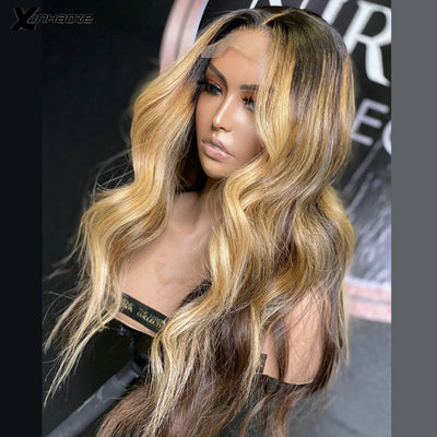Pre Plucked Honey Blonde Brown Highlight Malaysian Remy 5*5 Silk Top Lace Wig