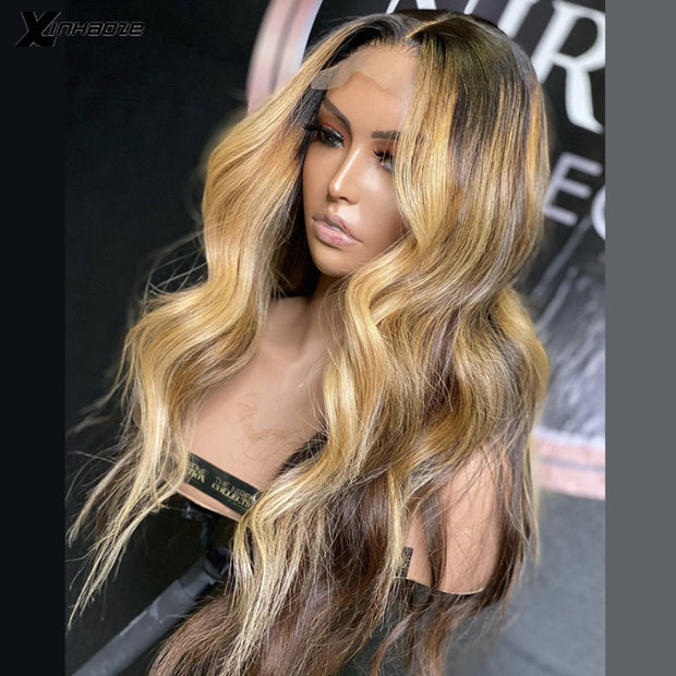 Pre Plucked Honey Blonde Brown Highlight Malaysian Remy 5*5 Silk Top Lace Wig