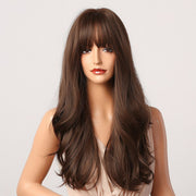 Long Wavy Dark Brown Synthetic Wigs With Bangs