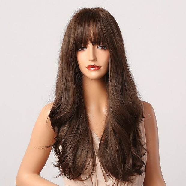 Long Wavy Dark Brown Synthetic Wigs With Bangs
