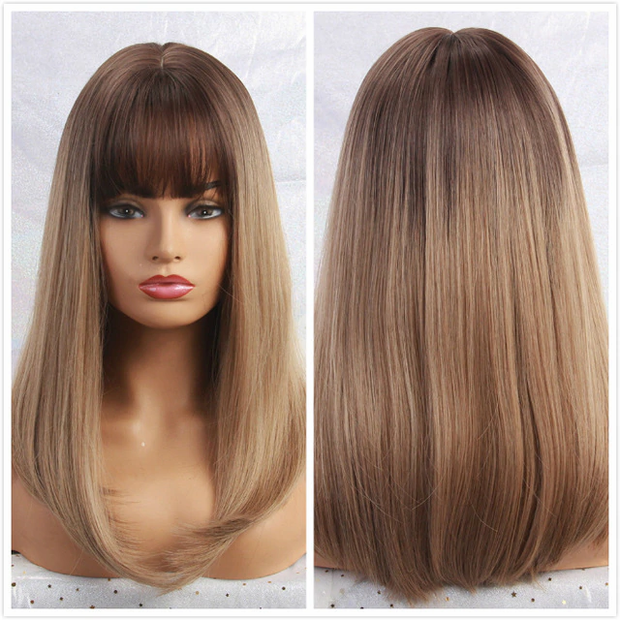 Straight Wigs With Bangs Black to Brown Ombre Synthetic Wigs