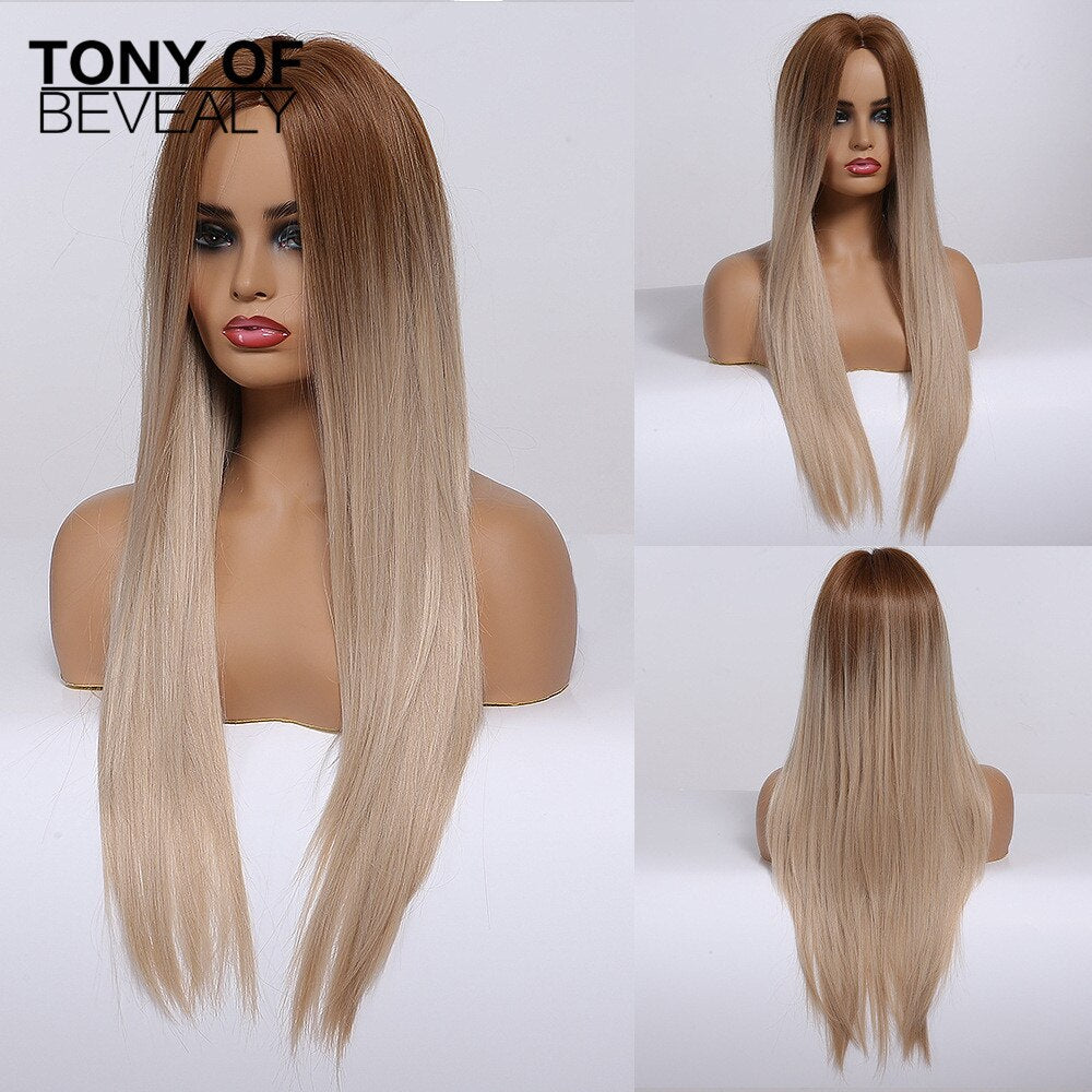 Straight Brown Ombre Natural Hair Wigs -Heat Resistant