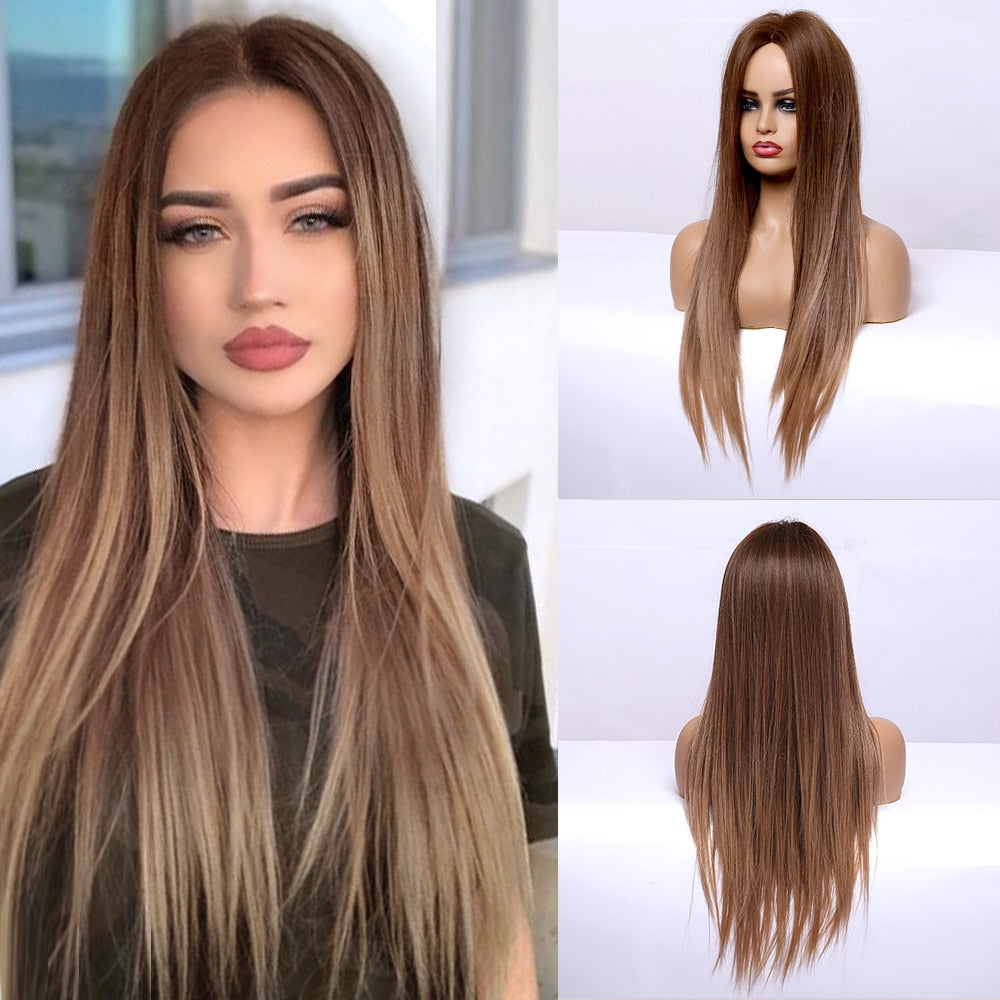 Straight Brown Ombre Natural Hair Wigs -Heat Resistant