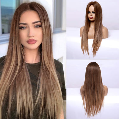 Straight Brown Ombre Natural Hair Wigs -Heat Resistant