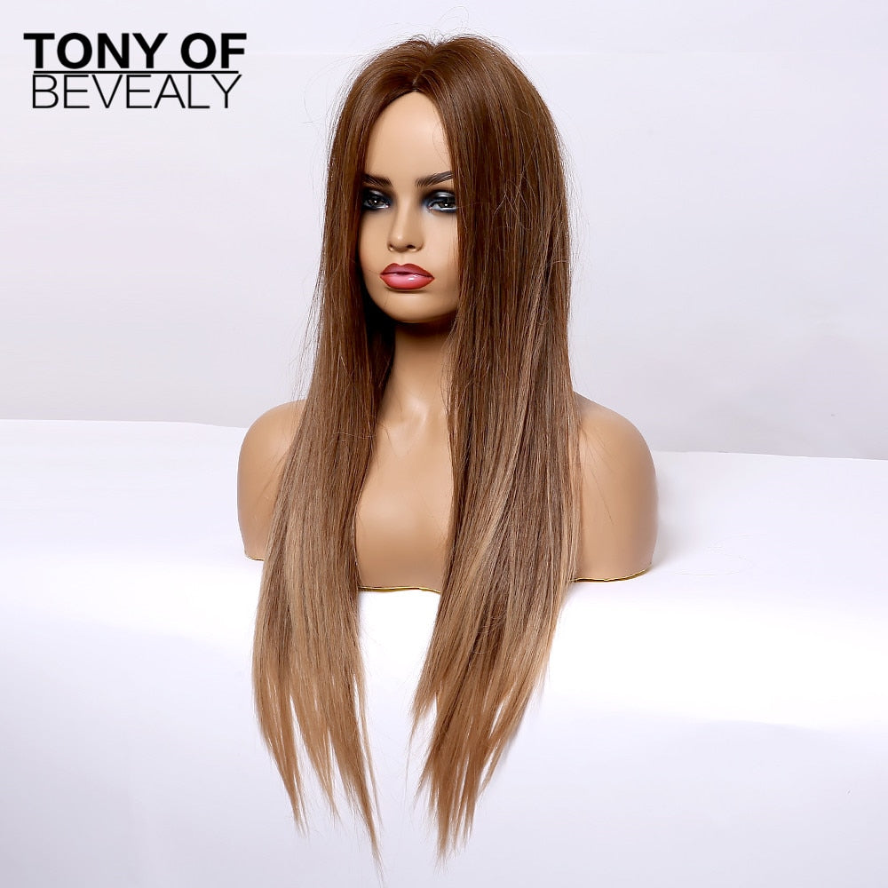 Straight Brown Ombre Natural Hair Wigs -Heat Resistant