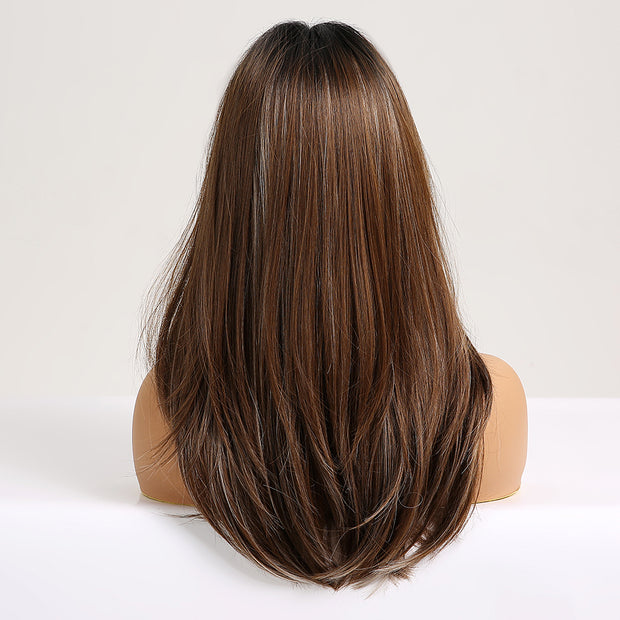 Straight Wigs With Bangs Black to Brown Ombre Synthetic Wigs