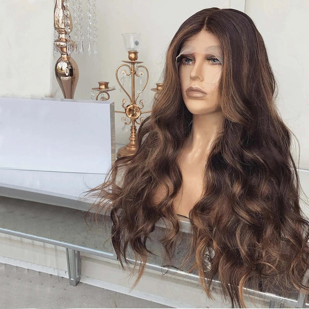 Brown Highlight Wavy Human Hair Full Lace Wigs