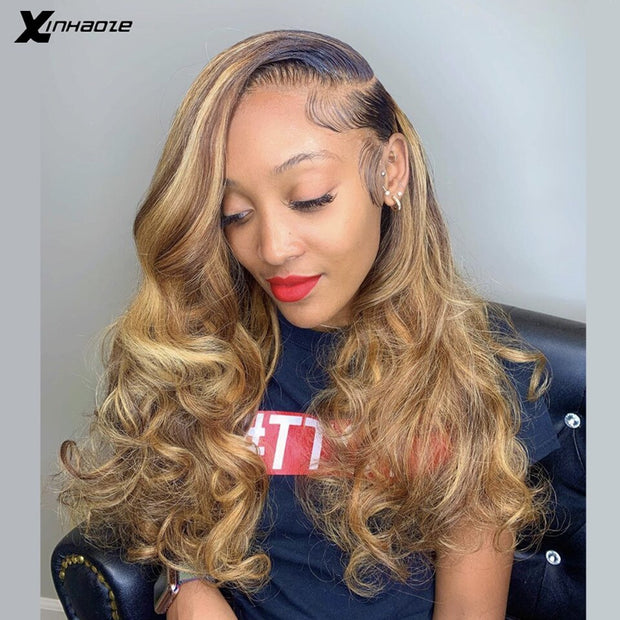 Pre Plucked Honey Blonde Brown Highlight Malaysian Remy 5*5 Silk Top Lace Wig
