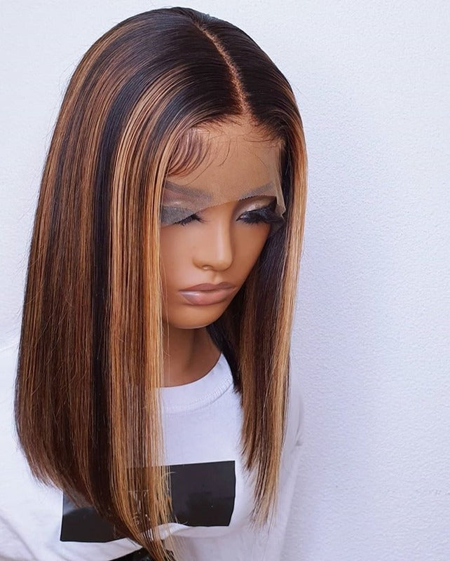 Black With Brown Highlight Wig T Part Front Lace Human Hair