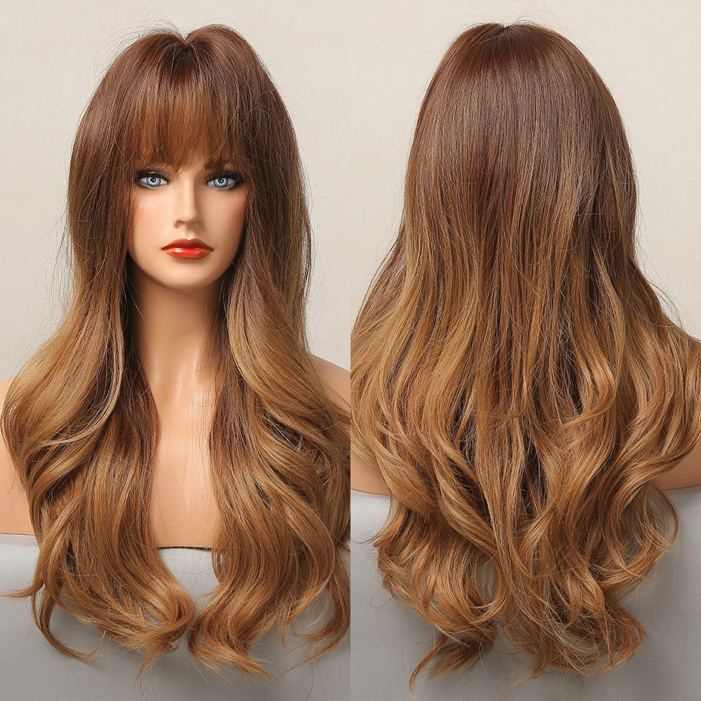 Ombre Brown Wigs With Full Bangs