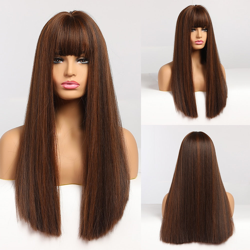 Straight Brown Ombre Natural Hair Wigs -Heat Resistant