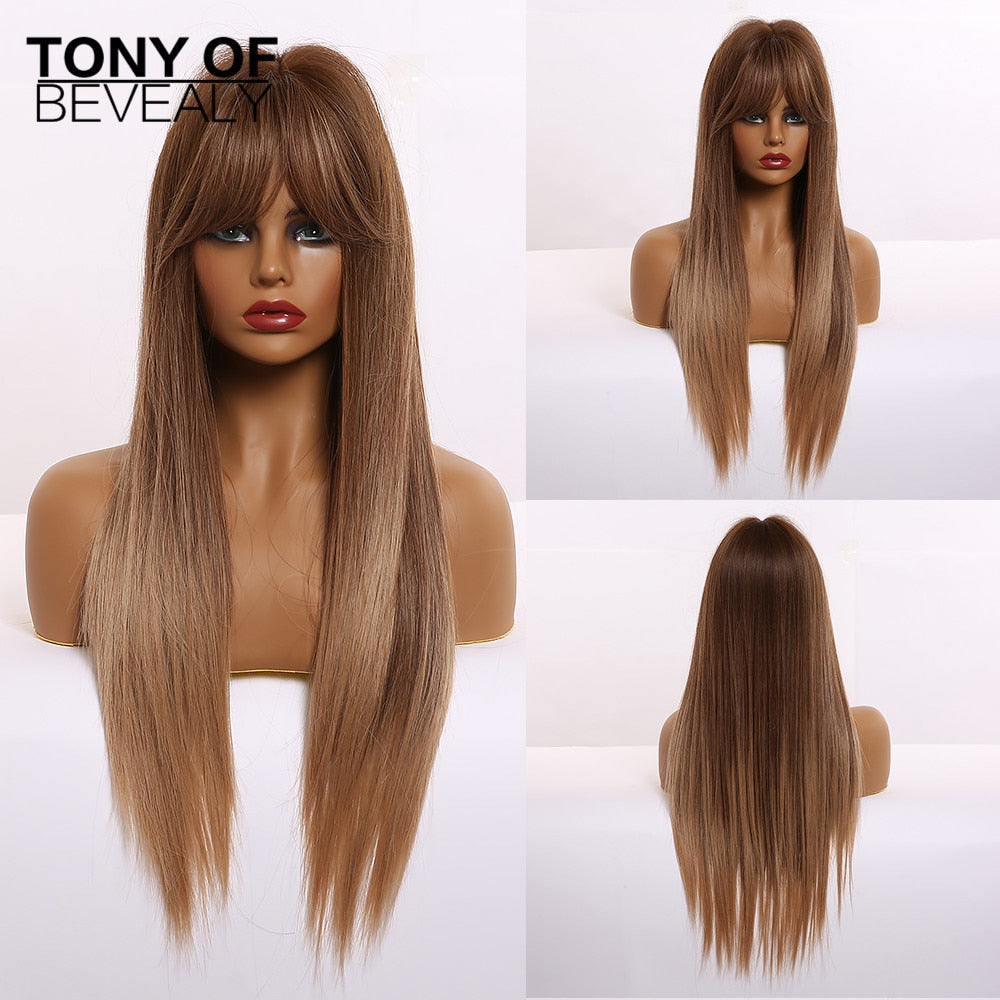 Straight Brown Ombre Natural Hair Wigs -Heat Resistant