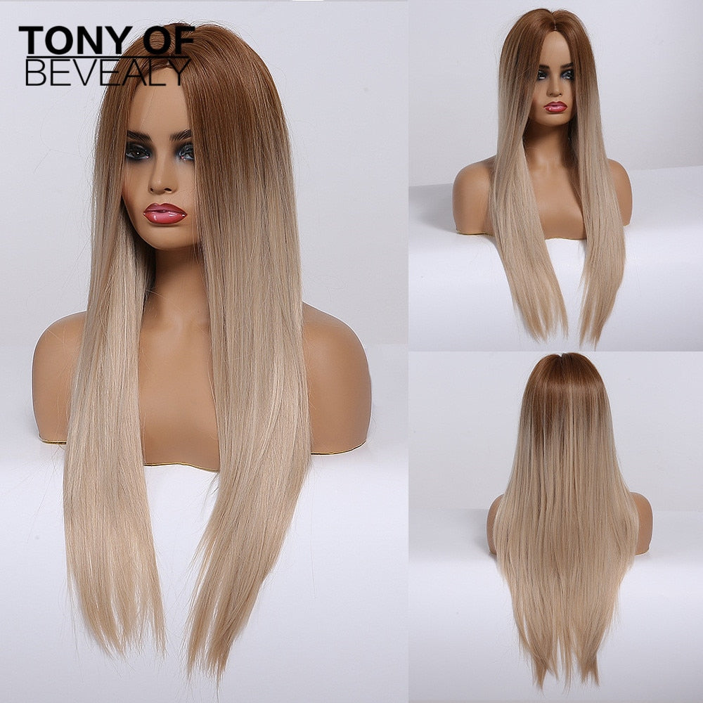 Straight Brown Ombre Natural Hair Wigs -Heat Resistant