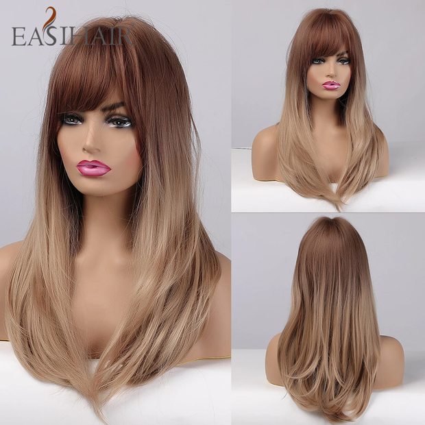 Straight Wigs With Bangs Black to Brown Ombre Synthetic Wigs