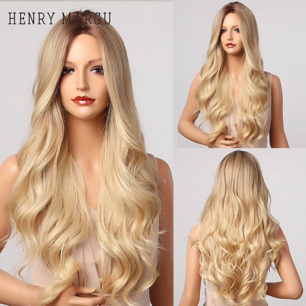 Ombre Brown Blonde Wig Long Wavy Middle Part