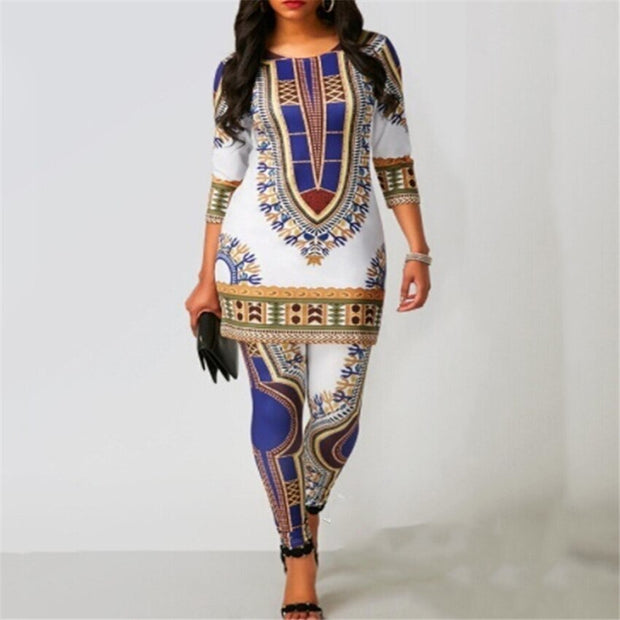 Top Pants Suit Dashiki Print Ladies Clothes Robe