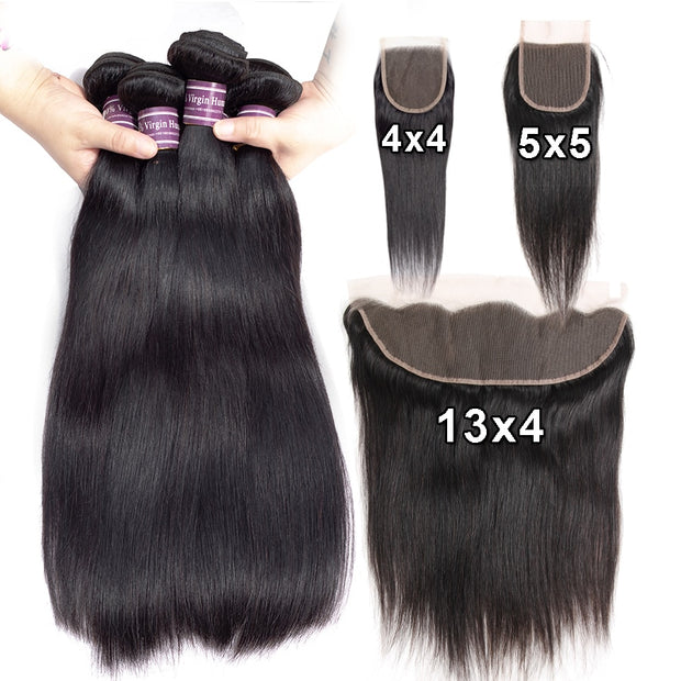 Human Hair Straight 3/ 4 Bundles With Lace Closure Frontal