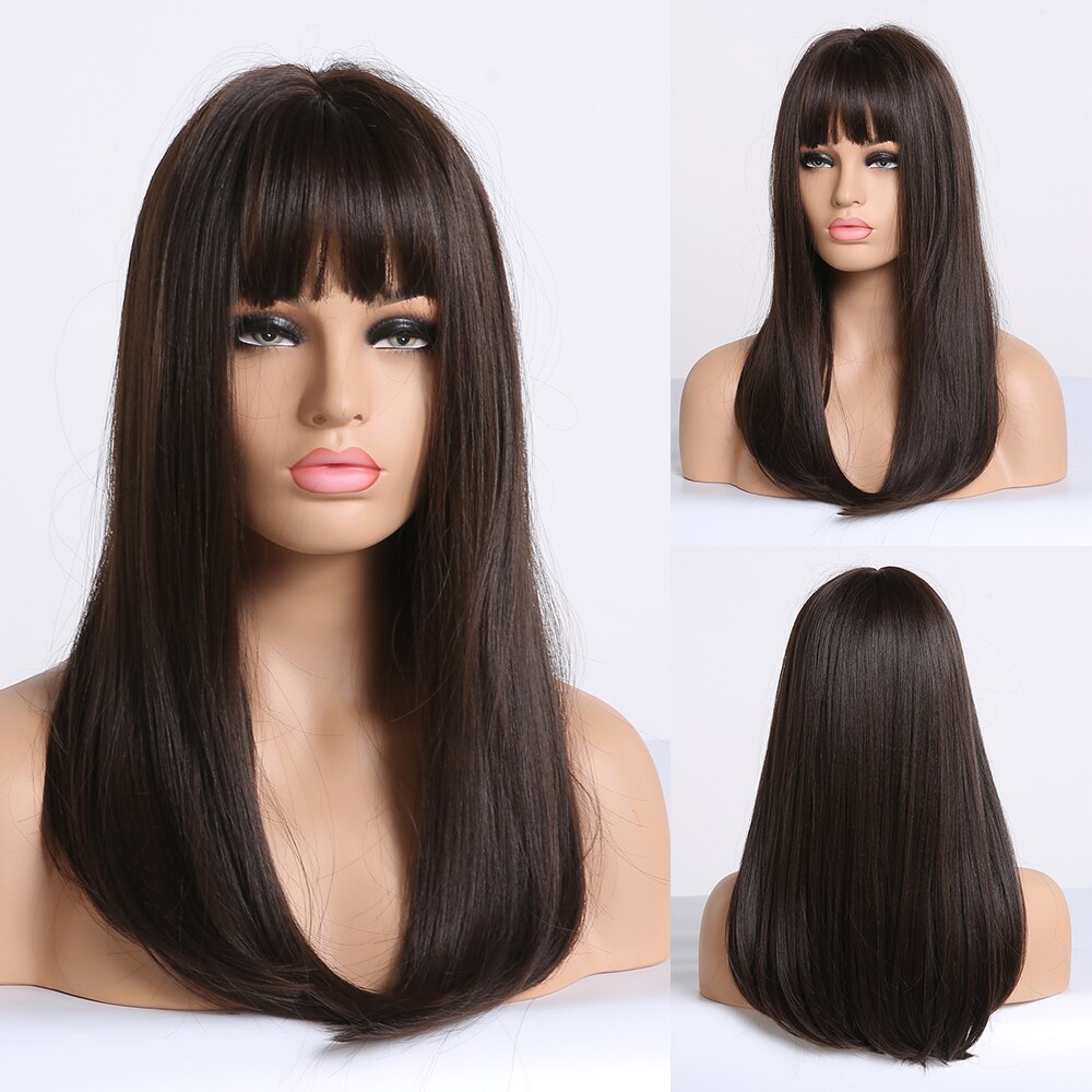 Straight Wigs With Bangs Black to Brown Ombre Synthetic Wigs