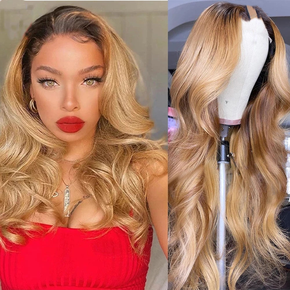 Ombre Honey Golden Blonde Body Wavy V Part Wigs Middle/Side Open Unprocessed 100% Human Hair