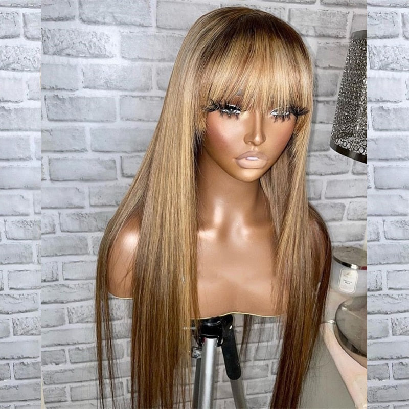 Fringe Blonde Highlight Human Hair Wig with Bangs -PrePlucked Remy