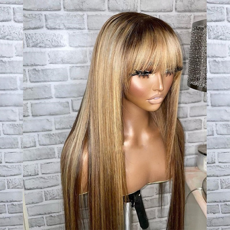 Fringe Blonde Highlight Human Hair Wig with Bangs -PrePlucked Remy