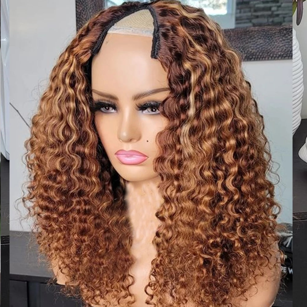 Highlight Honey Blonde Deep Curly 1X4 U Part Wigs -100% Human Hair Wig Brazilian