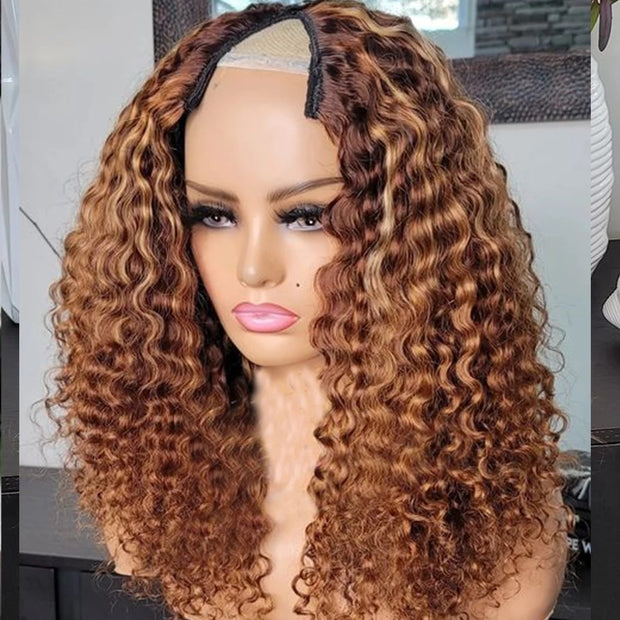 Highlight Honey Blonde Deep Curly 1X4 U Part Wigs -100% Human Hair Wig Brazilian