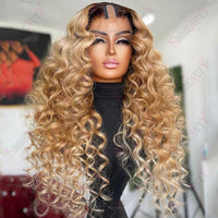 Thumbnail for Honey Blonde Deep Curly 1X4 V Part Wigs 100% Human Hair Wigs  Brazilian Hair