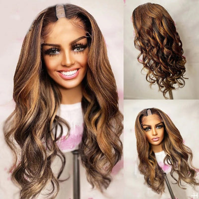 Highlights Honey Blonde V Part 100% Human Hair Wigs Ombre Brown Bouncy Wave Peruvian