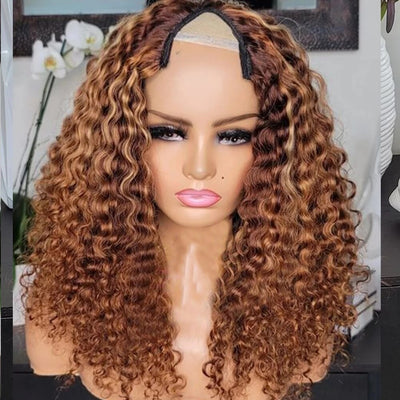 Highlight Honey Blonde Deep Curly 1X4 U Part Wigs -100% Human Hair Wig Brazilian