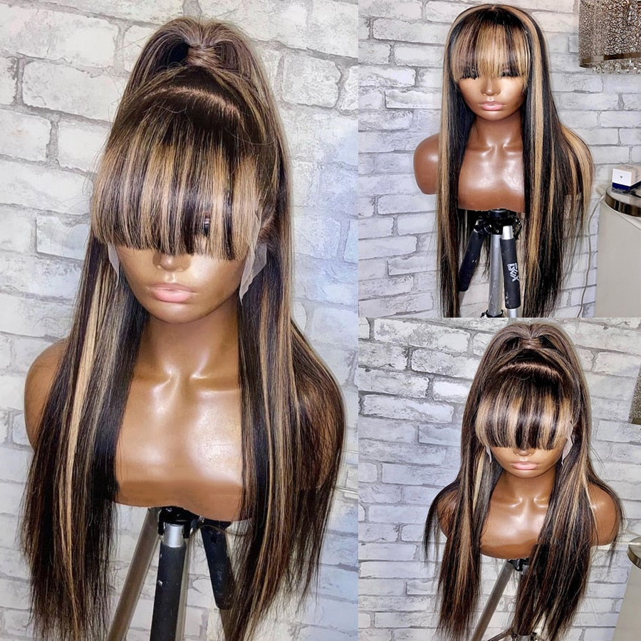 Fringe Blonde Lace Front Human Hair Wigs with Bangs- PrePlucked Remy