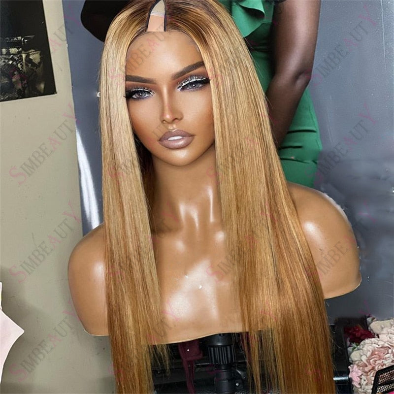 Straight Wavy Highlights Honey Blonde 1X4 V Part Wigs 100% Human Hair