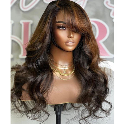 Side Heavy Bangs Light Brown 5x5 Lace Closure Human Hair Wigs - Glueless Pre Plucked 360 Lace Frontal Fringe Wigs Remy