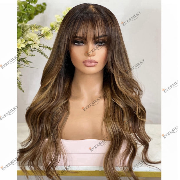 Human Hair Color Brown Blonde Fringe -180 Density Body Wave Ombre Highlight Remy Hair Wigs