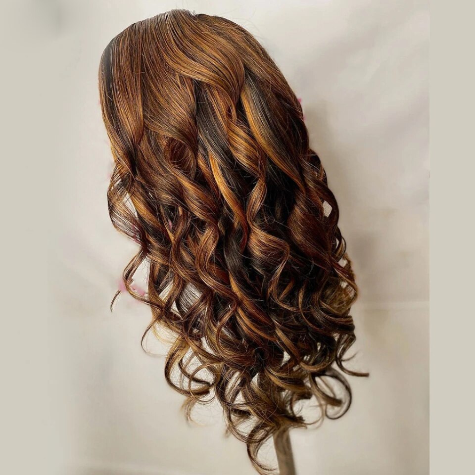 Highlights Honey Blonde V Part 100% Human Hair Wigs Ombre Brown Bouncy Wave Peruvian