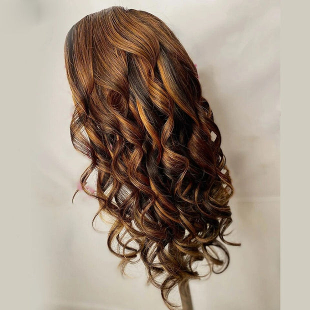 Highlights Honey Blonde V Part 100% Human Hair Wigs Ombre Brown Bouncy Wave Peruvian