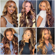 Highlights Honey Blonde V Part 100% Human Hair Wigs Ombre Brown Bouncy Wave Peruvian