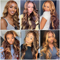 Thumbnail for Highlights Honey Blonde V Part 100% Human Hair Wigs Ombre Brown Bouncy Wave Peruvian